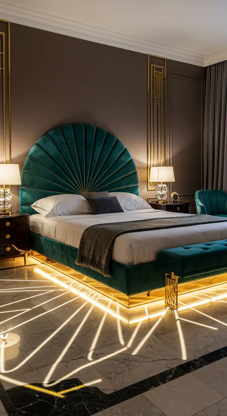 Luxe Art Deco slaapkamer met smaragdgroen bed en gouden LED-verlichting eronder.