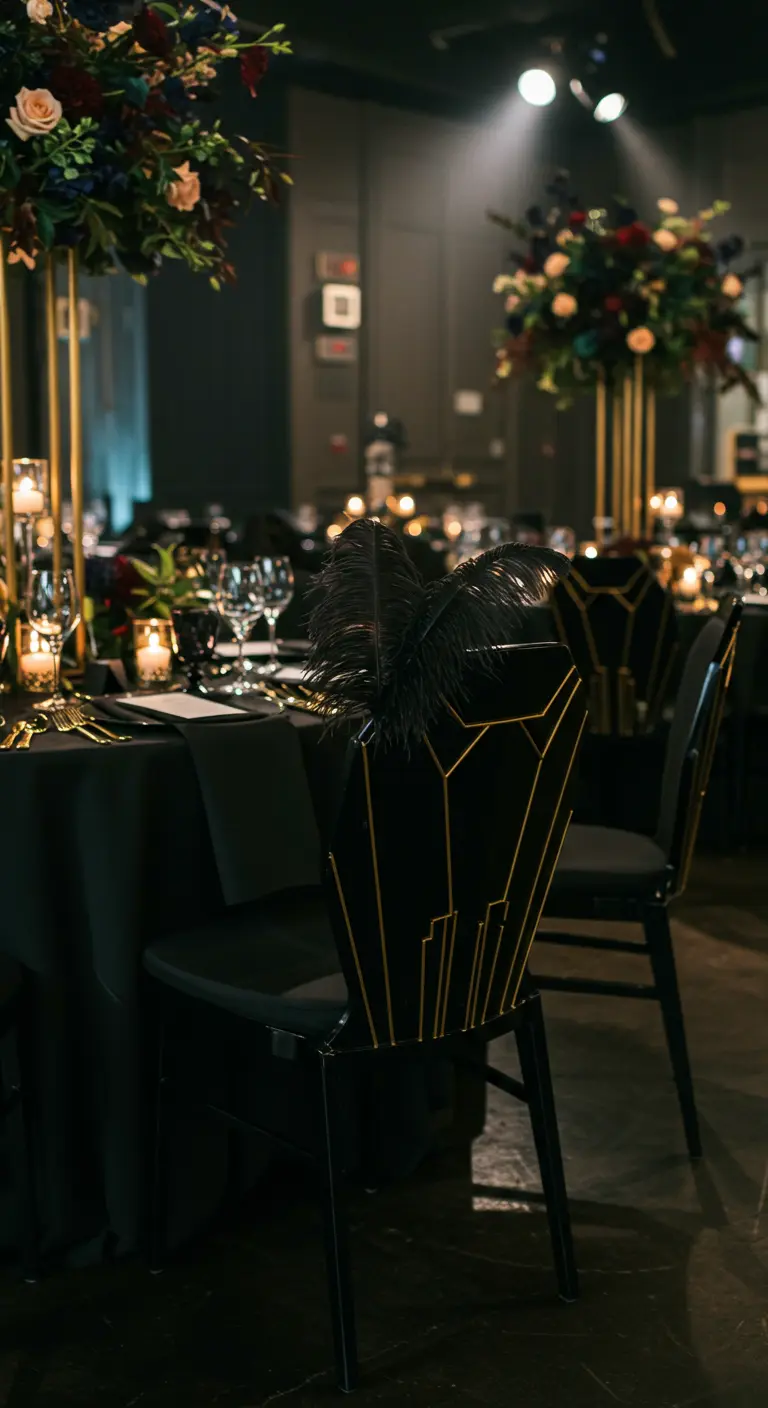 Zwarte stoel met gouden art deco lijnen en zwarte veren, in een donkere, chique setting.
