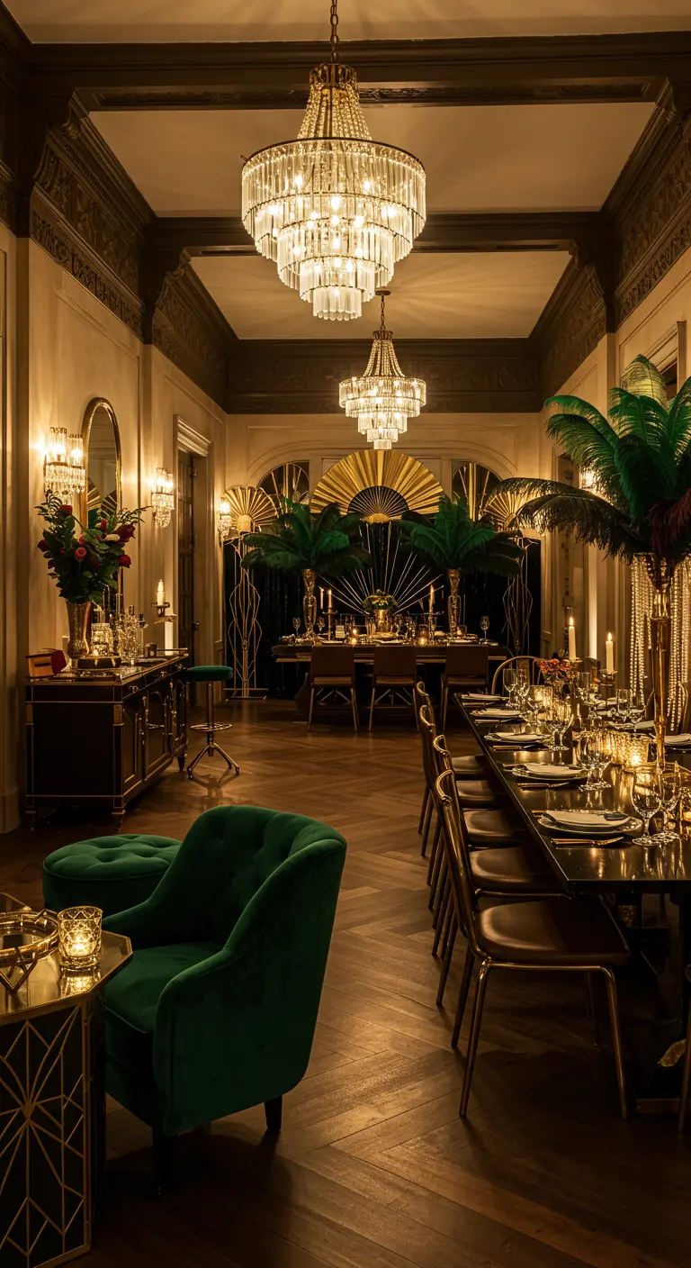 Art Deco eetkamer met gouden accenten, groene fluwelen stoelen en grote kroonluchters.