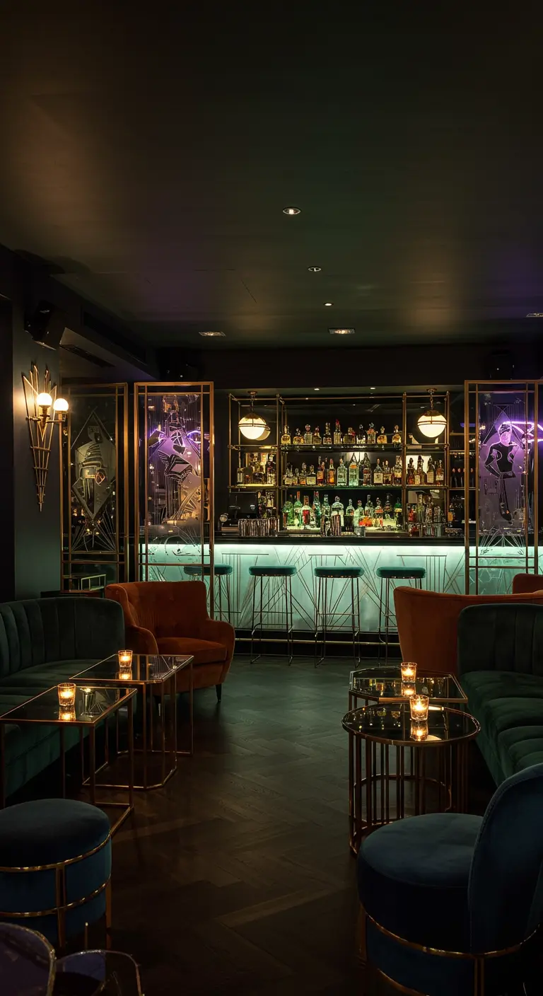 Chique, donkere bar in Art Deco stijl met fluwelen banken, glazen tafeltjes en sfeervolle verlichting.