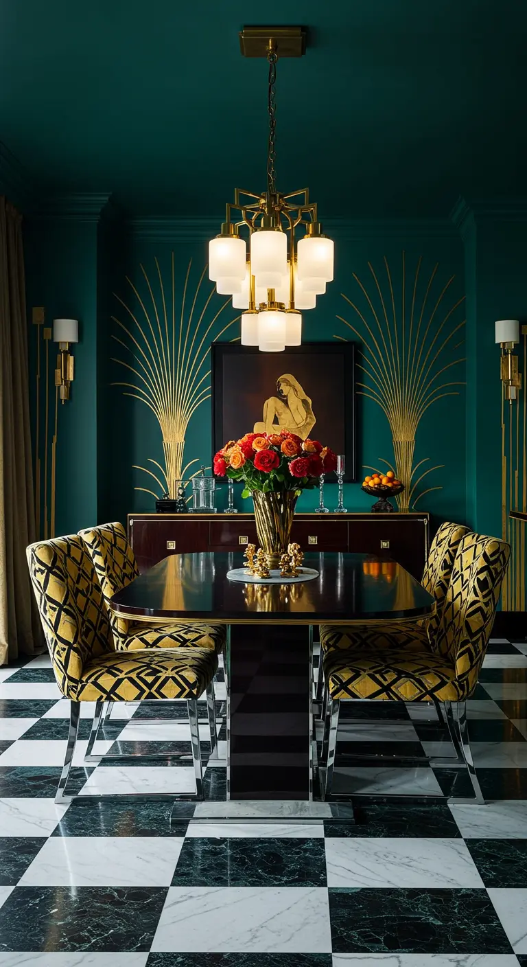 Gouden Art Deco hanglamp met geometrische vormen in een donkergroene eetkamer.