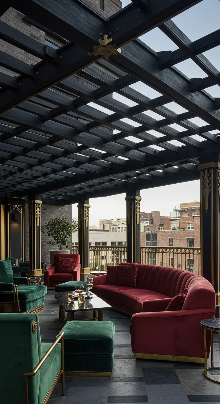 Donkere houten pergola met gouden accenten op dakterras, Art Deco stijl met fluwelen meubels.