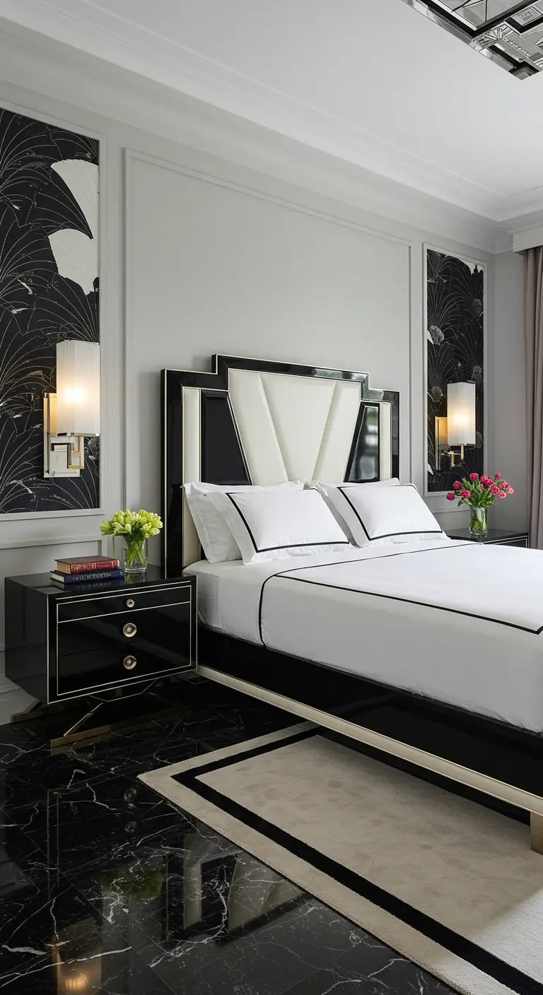 Art Deco slaapkamer met zwart-wit panelen, gouden accenten en glanzende vloer.