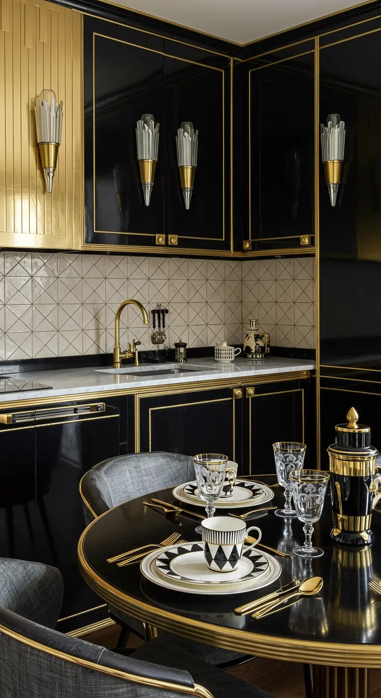 Art Deco keuken met zwart, goud en grafisch servies.