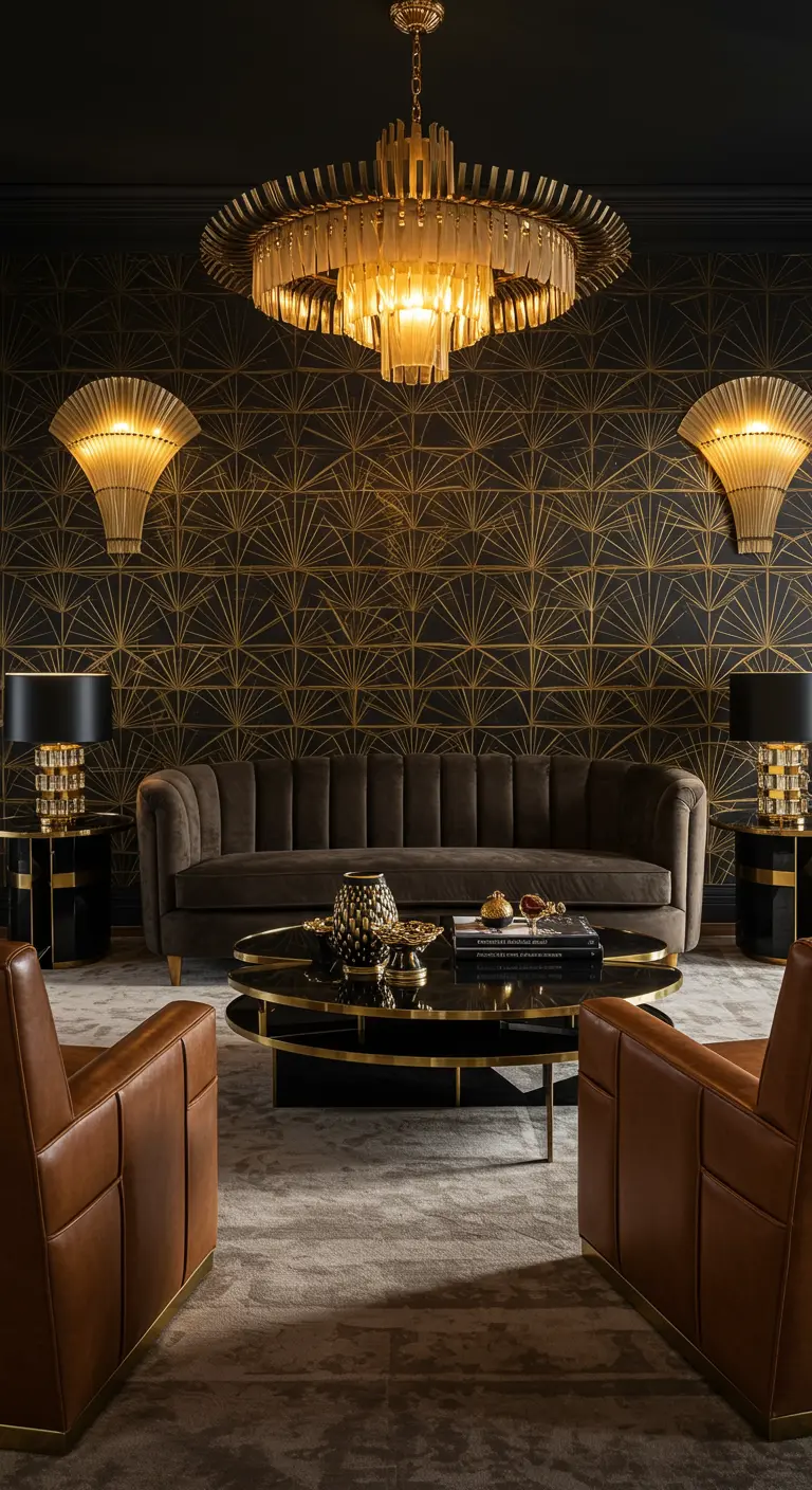 Luxe Art Deco-woonkamer met goud-zwart behang, een fluwelen bank en leren fauteuils.