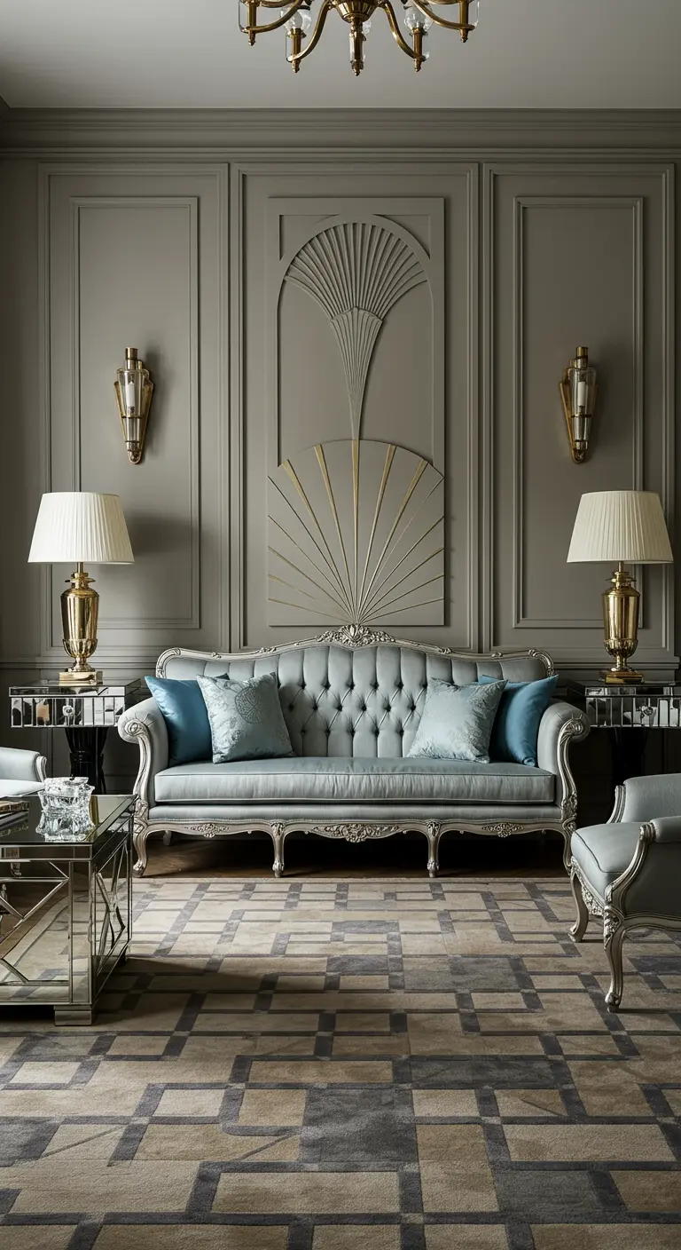 Elegante Art Deco zithoek met grijze bank, spiegels en gouden accenten.