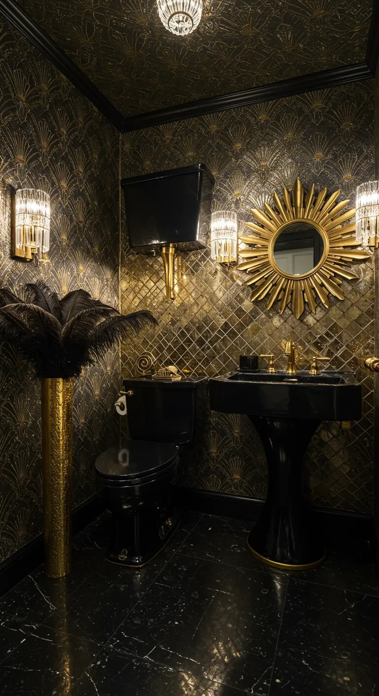 Art Deco badkamer met zwart toilet, gouden accenten en donker behang.