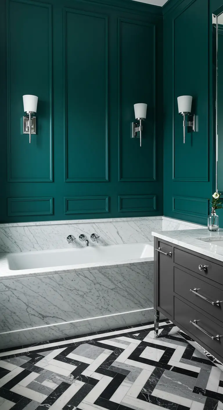 Elegante badkamer met petrolgroene muren, marmeren bad en grafische tegelvloer.