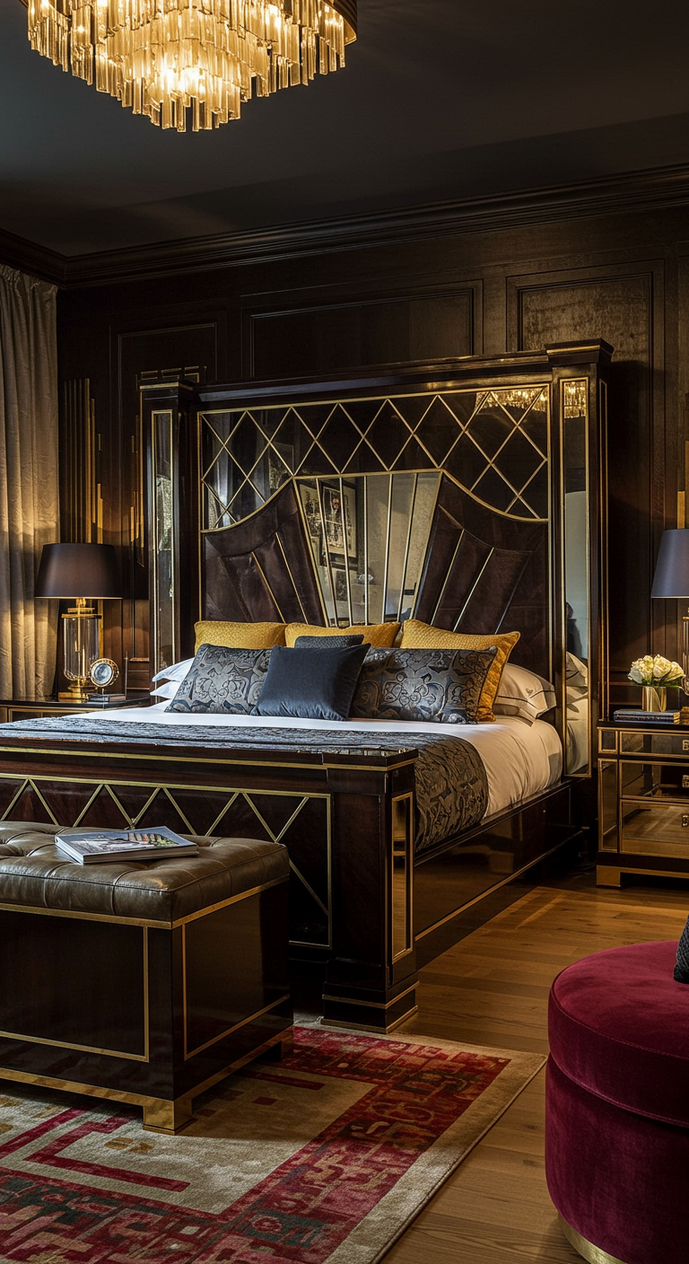 Art Deco bed met geometrische spiegelpanelen en gouden accenten.