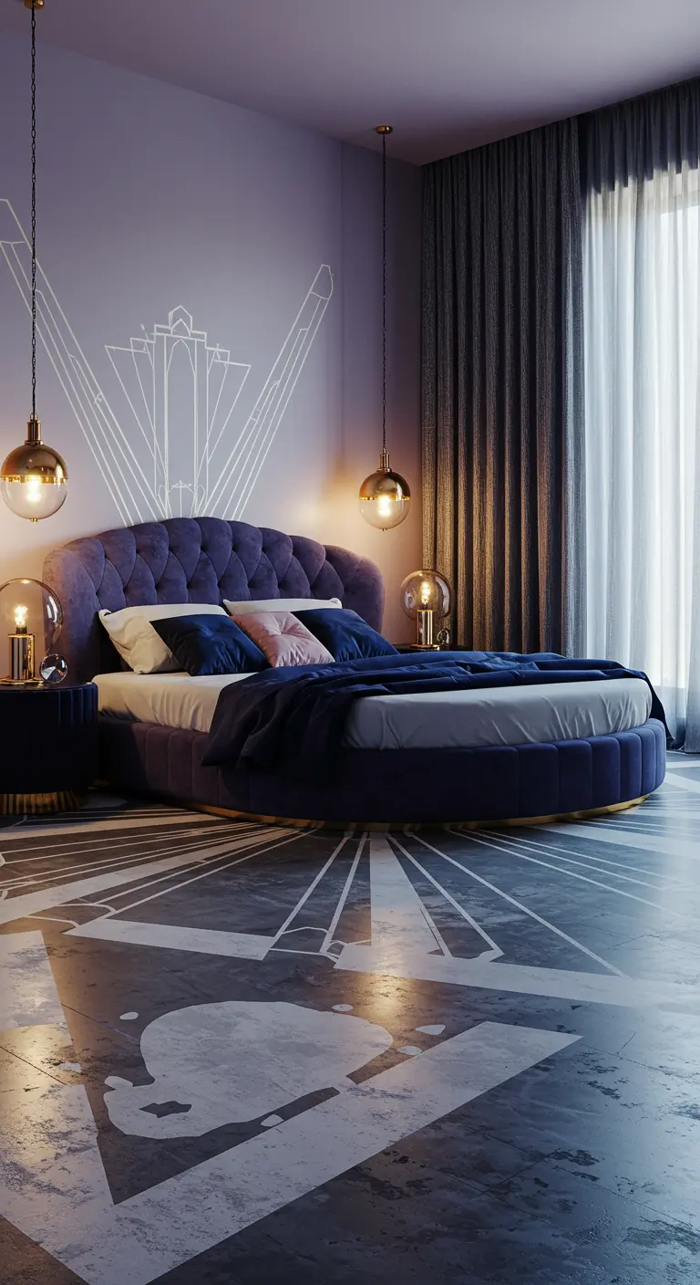 Art Deco slaapkamer met betonvloer, lila muur, rond paars bed en gouden lampen.