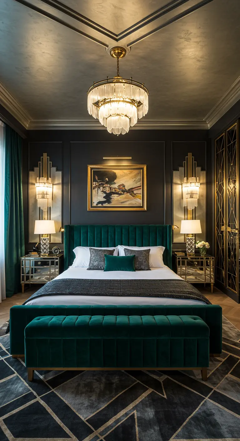 Luxe Art Deco slaapkamer met smaragdgroen bed en gouden kroonluchter en wandlampen.