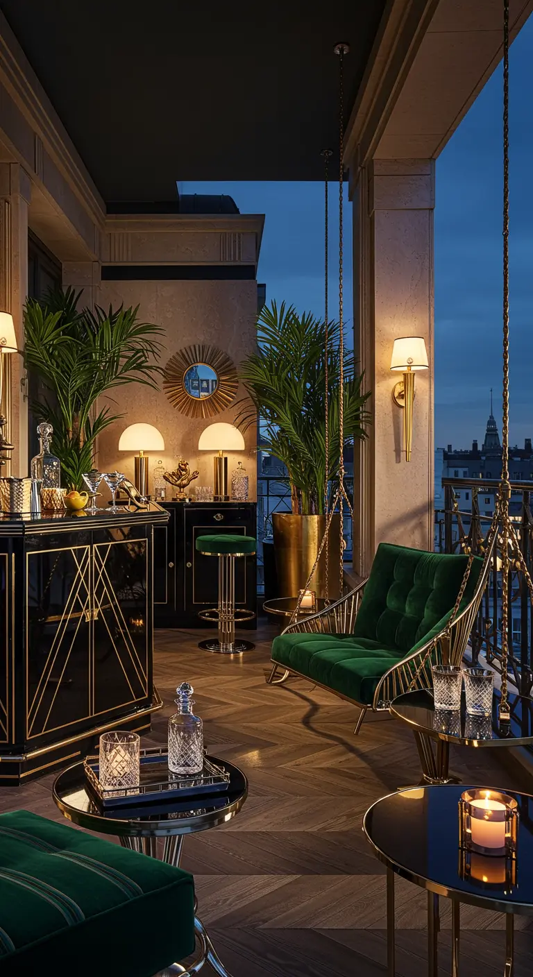 Art Deco balkonbar 's avonds met gouden accenten en groene fluwelen schommelstoel.