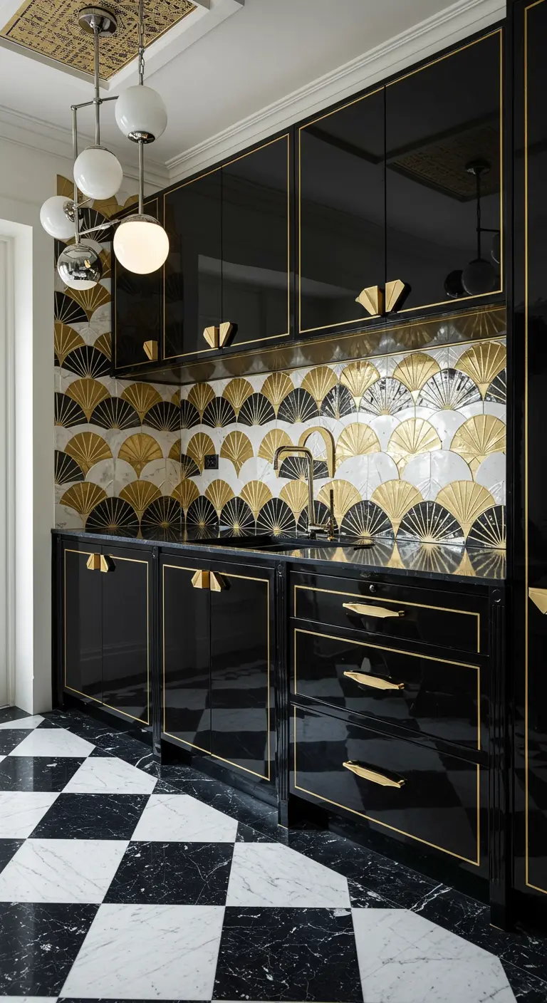 Luxe Art Deco keuken met zwarte hoogglans kasten, gouden accenten en grafische tegels.
