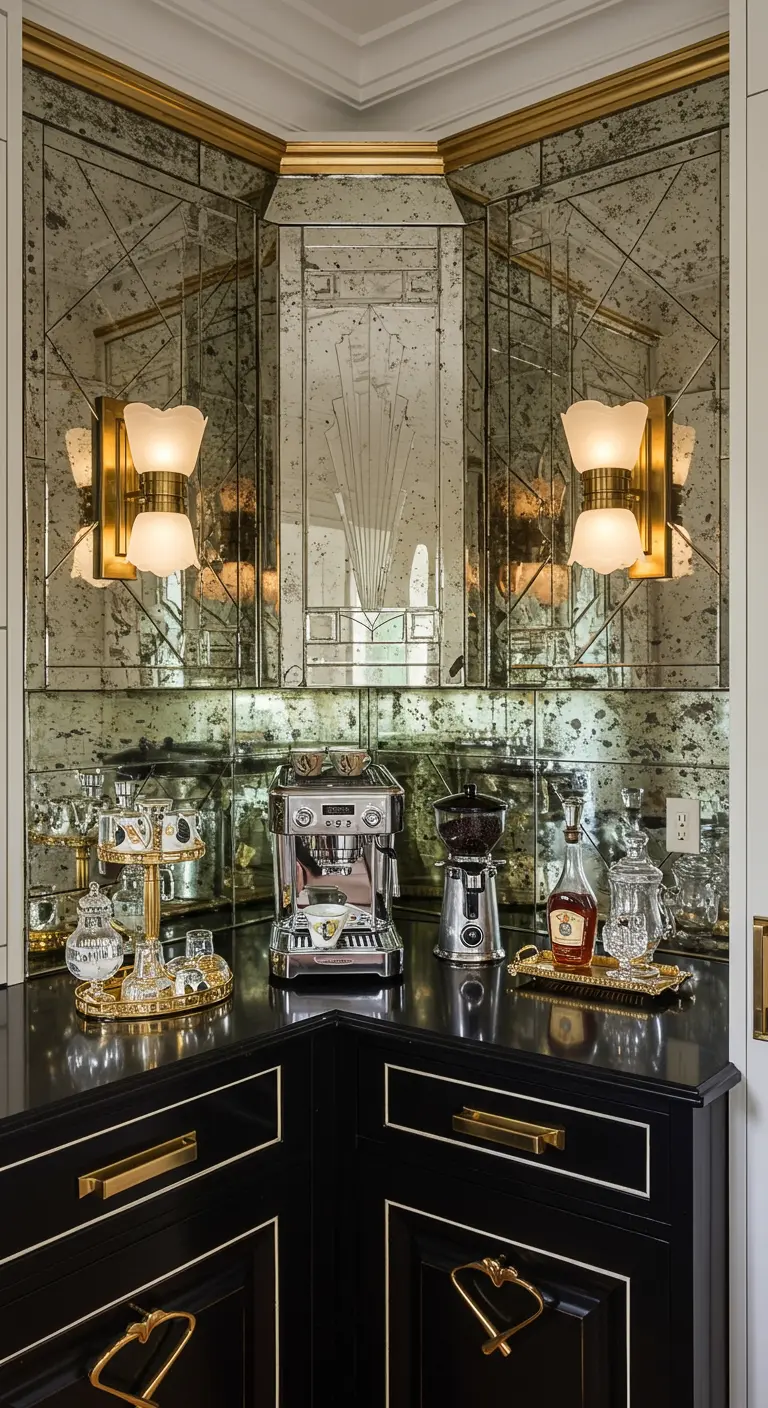Art Deco koffiecorner met spiegelwand, gouden lampen en zwarte kasten.