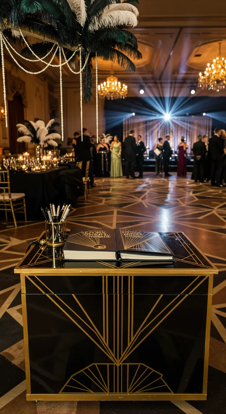 Art Deco gastenboektafel met zwart, goud en geometrische patronen.