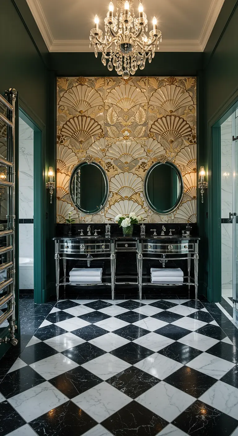 Luxueuze badkamer in Art Deco stijl met goud-witte waaiertegels, smaragdgroene muren en dubbele wastafels.