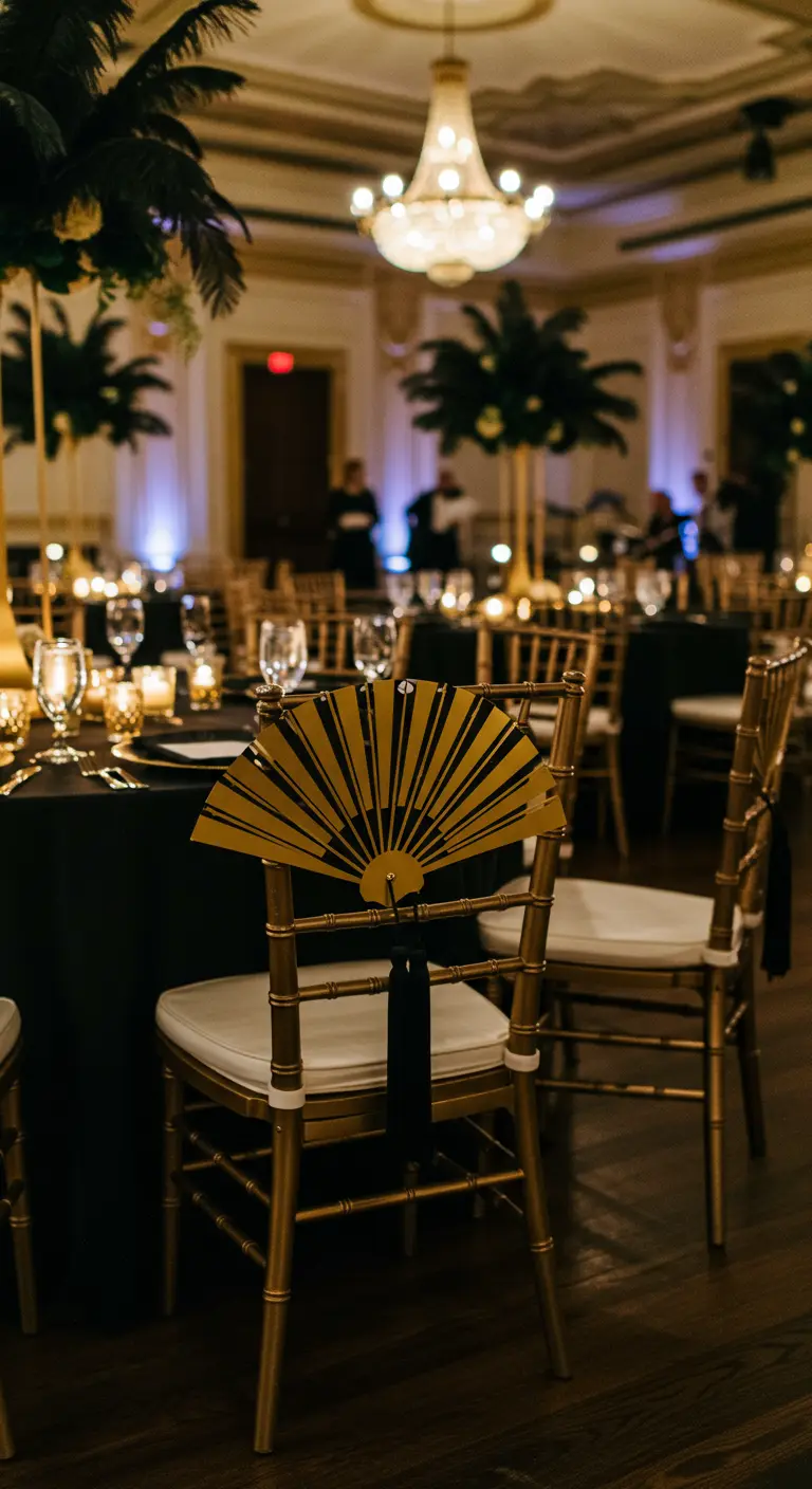 Gouden stoel met een zwart-gouden Art Deco waaier als decoratie.