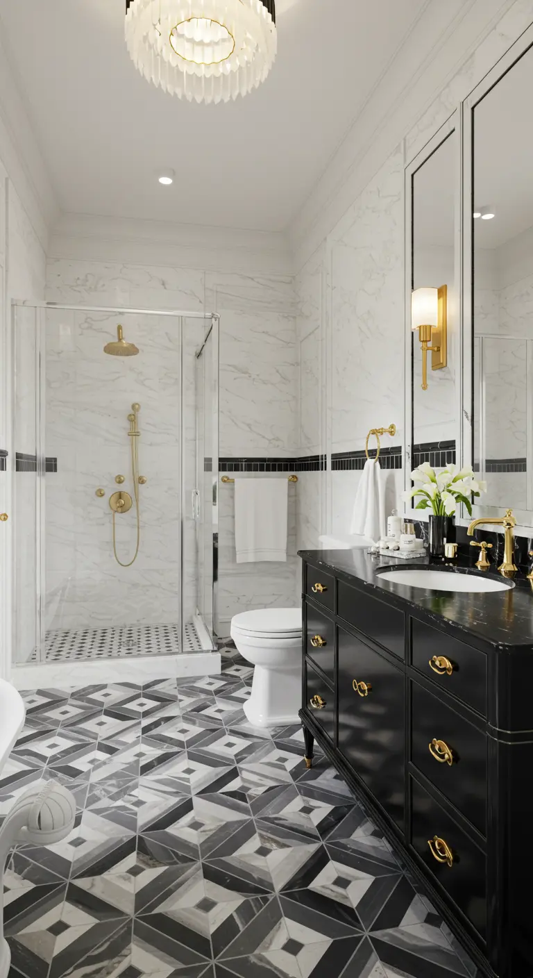Luxe badkamer met wit marmer, geometrische vloer, gouden kranen en frameloze douche.