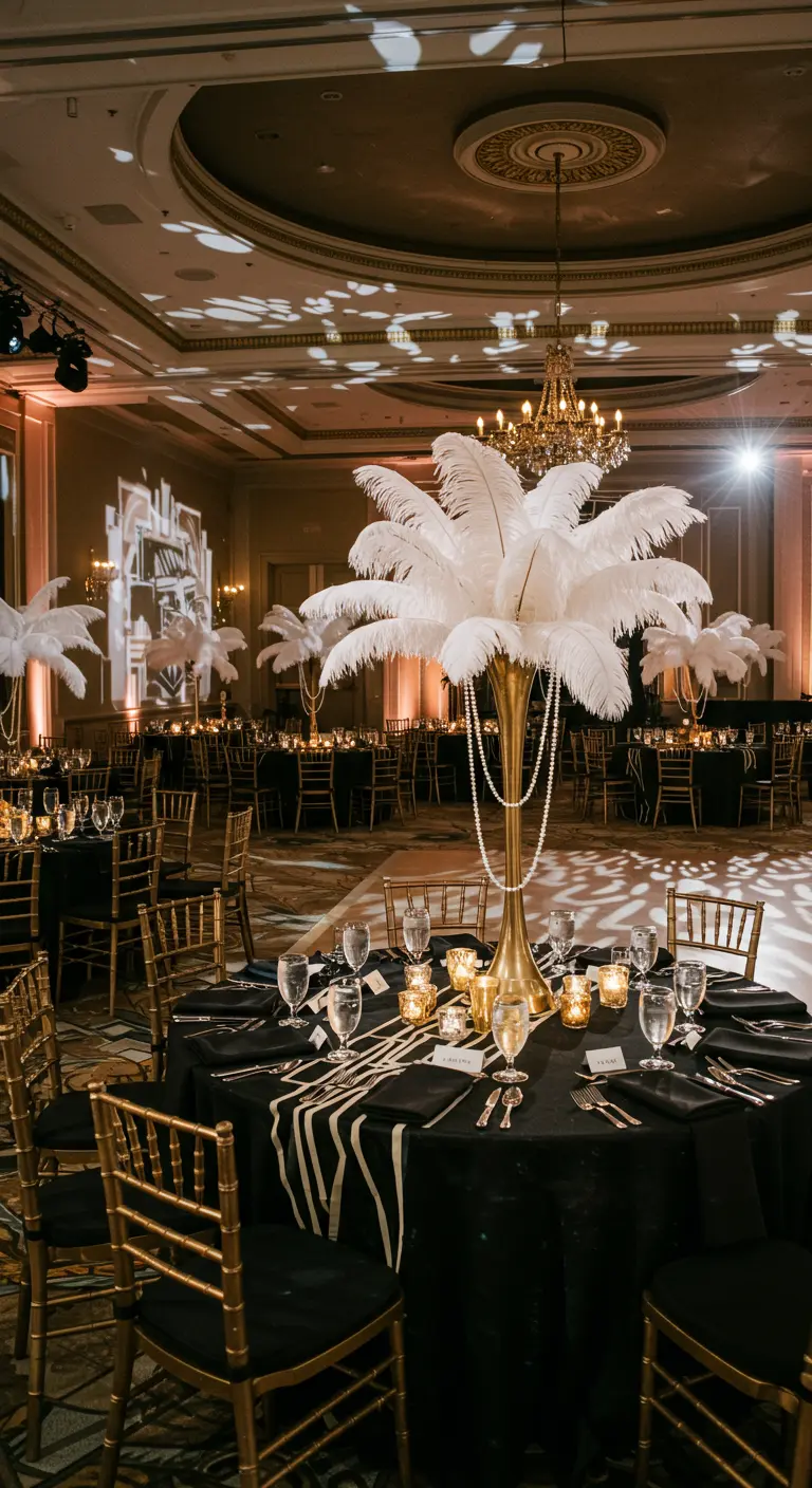 Art Deco feestsetting met zwarte tafelkleden, gouden stoelen en witte veren centerpieces.