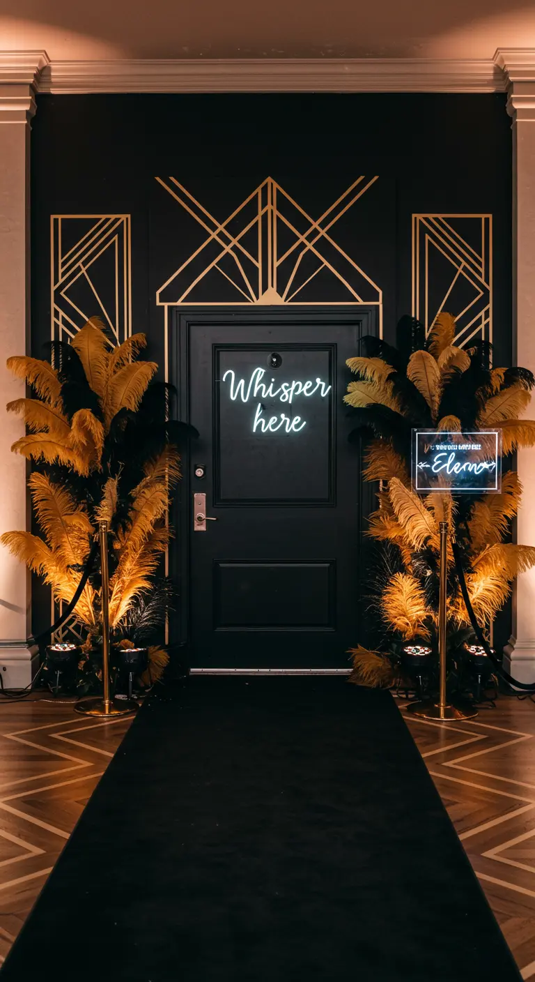 Art Deco entree met zwarte deur, gouden lijnen, neon
