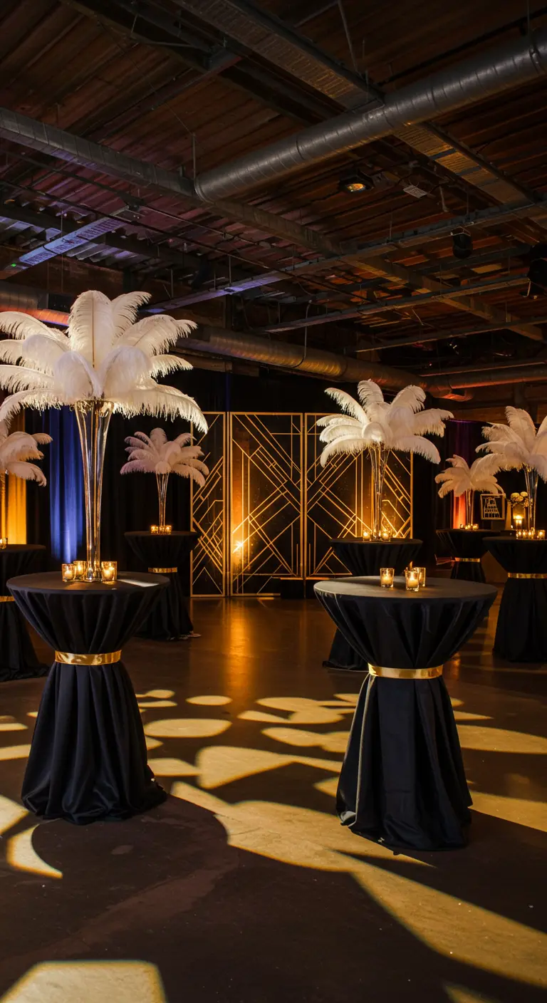 Statafels met zwarte rokken, gouden banden en witte veren als decoratie in Art Deco stijl.