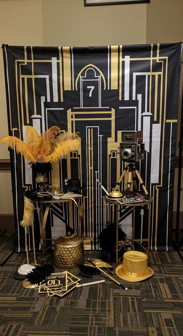 Fotomuur in art-deco stijl met zwart-goud patroon en feestelijke rekwisieten.