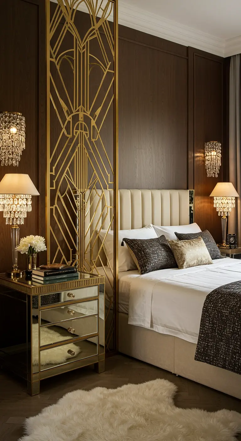 Gouden Art Deco metalen scherm naast een luxe bed in een donkere, chique slaapkamer.