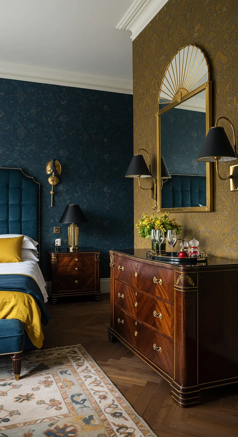 Art Deco slaapkamer met donkerblauw fluwelen hoofdbord, mosterdgele accenten en donker behang.