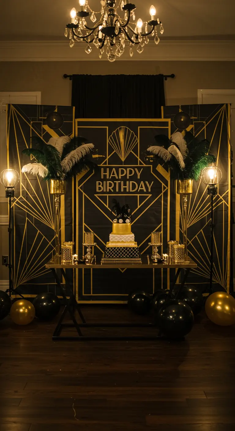 Art Deco backdrop in zwart en goud met veren en een 'Happy Birthday' taart.