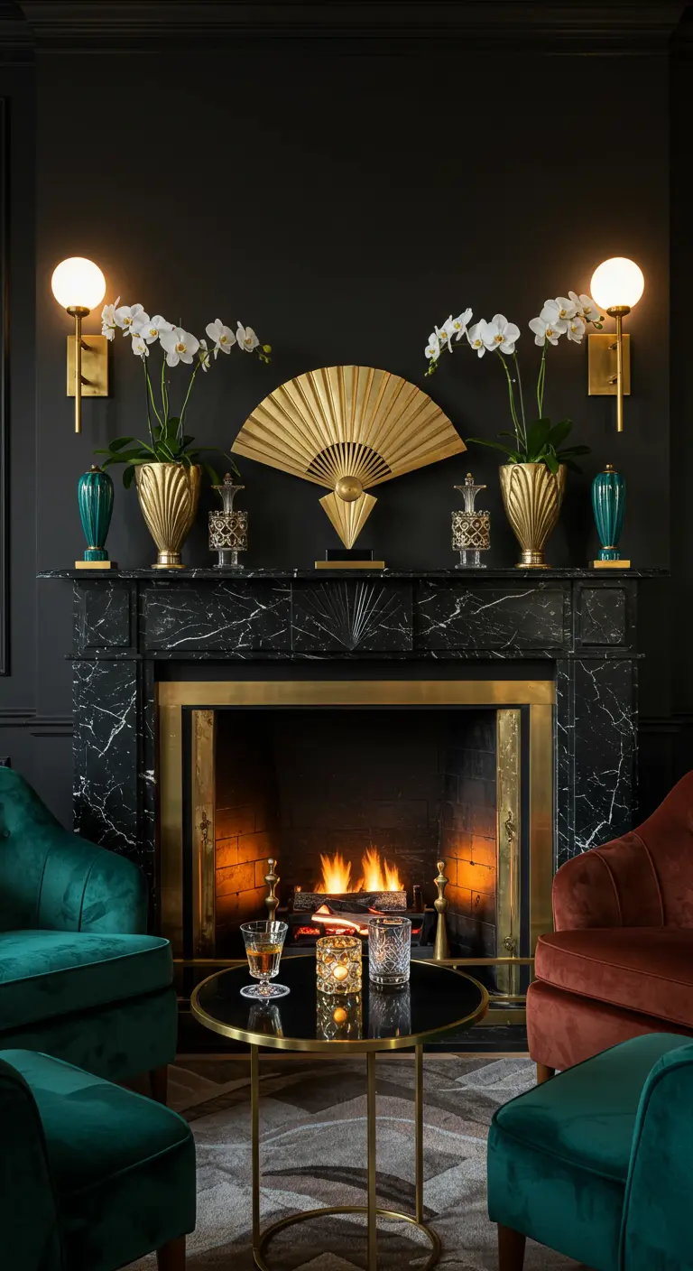Chique open haard in Art Deco stijl met zwart marmer, gouden waaier en witte orchideeën.