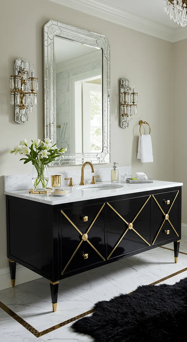 Art Deco badkamer met zwart meubel met messing inlays, marmeren blad en kristallen lampen.