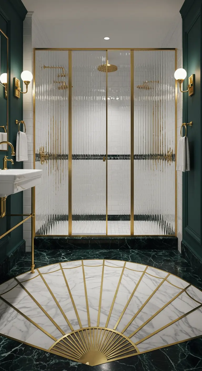 Luxe badkamer met een witmarmeren douchevloer met een Art Deco waaierpatroon en gouden accenten.