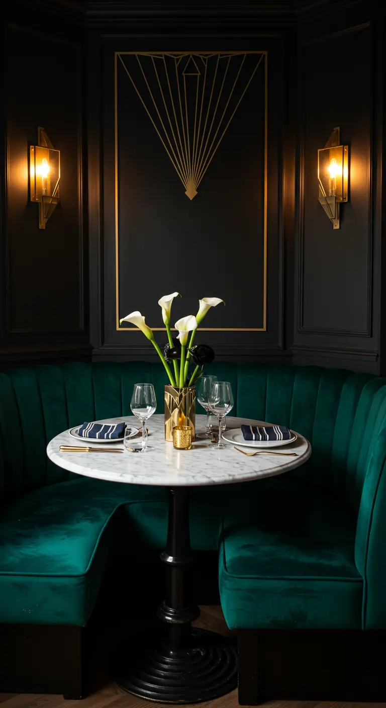 Art Deco ontbijthoek met groene fluwelen bank, marmeren tafel en gouden accenten.