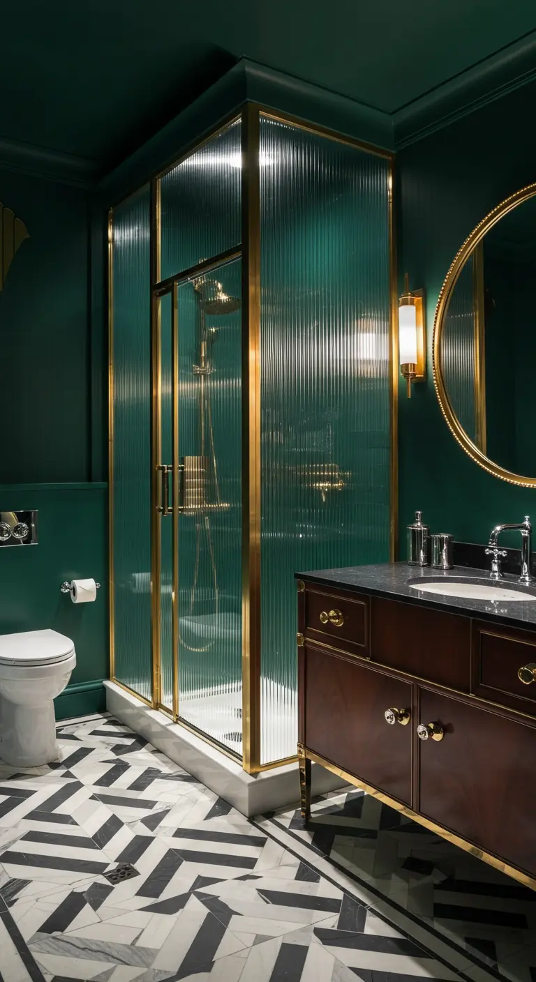 Art Deco badkamer met smaragdgroene muren, gouden douchecabine met geribbeld glas en geometrische vloertegels.
