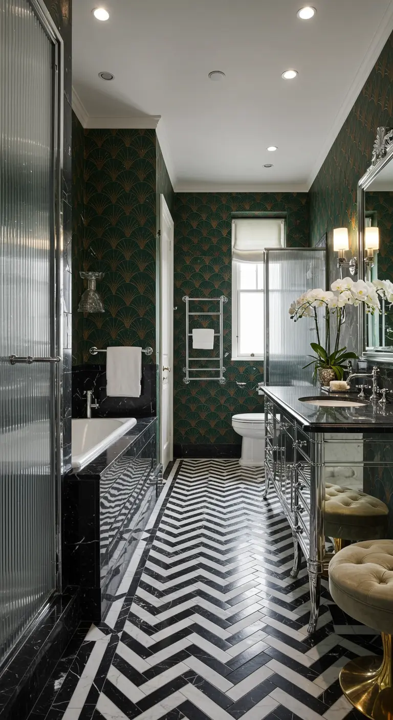 Art Deco badkamer met groen fanpatroon behang en zwart-wit chevron vloer
