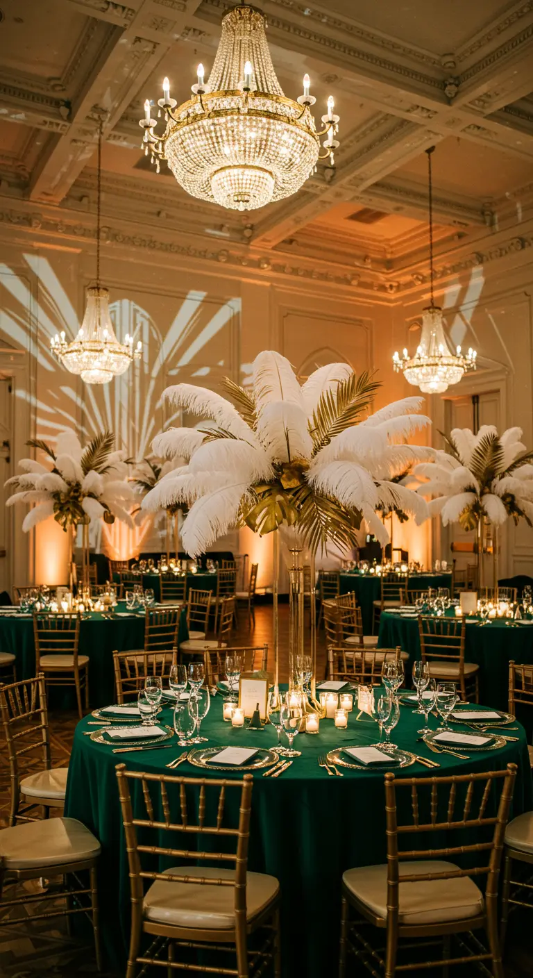 Art Deco trouwdiner met smaragdgroene tafels, gouden accenten en witte veren decoratie.
