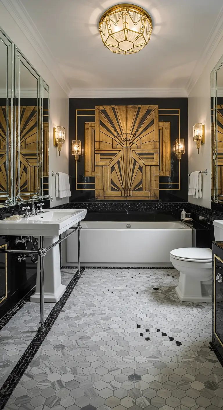 Art Deco badkamer met groot goud-zwart geometrisch kunstpaneel boven het bad.