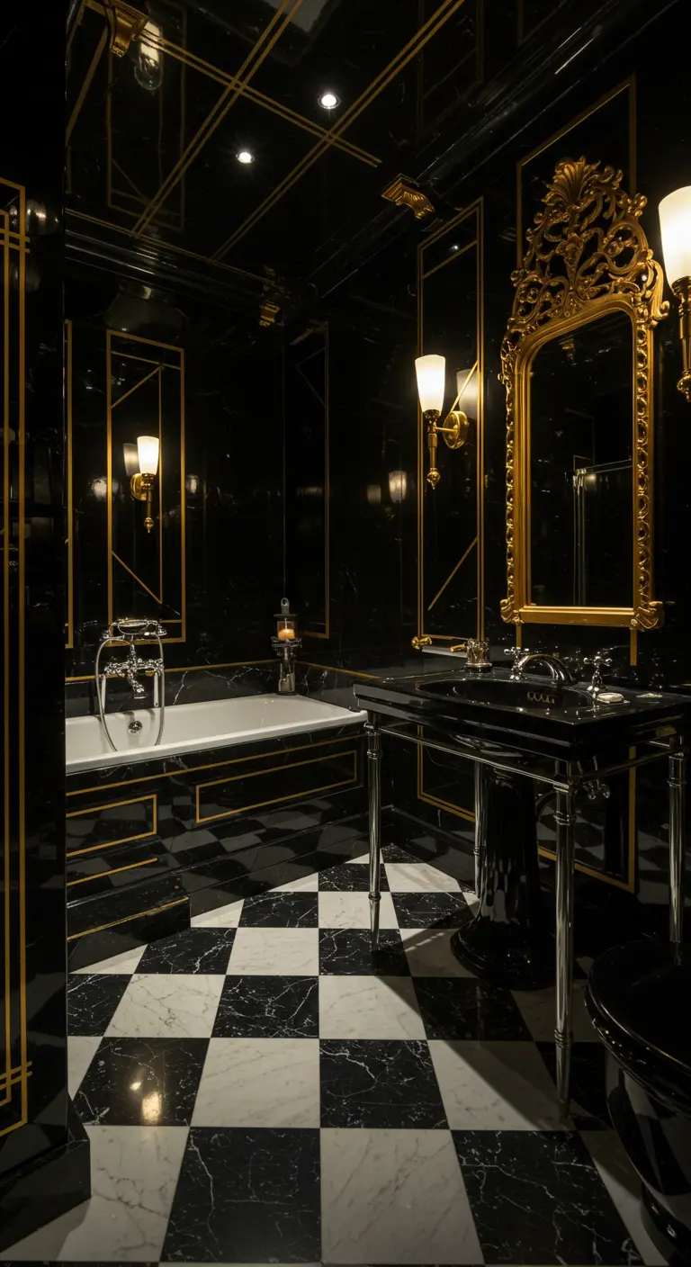 Art Deco badkamer met zwarte glanzende wandpanelen, gouden details en geblokte vloer.