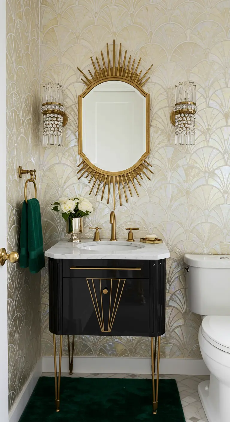 Art Deco badkamer met goud-zwart meubel, zonnestraalspiegel en patroonbehang.