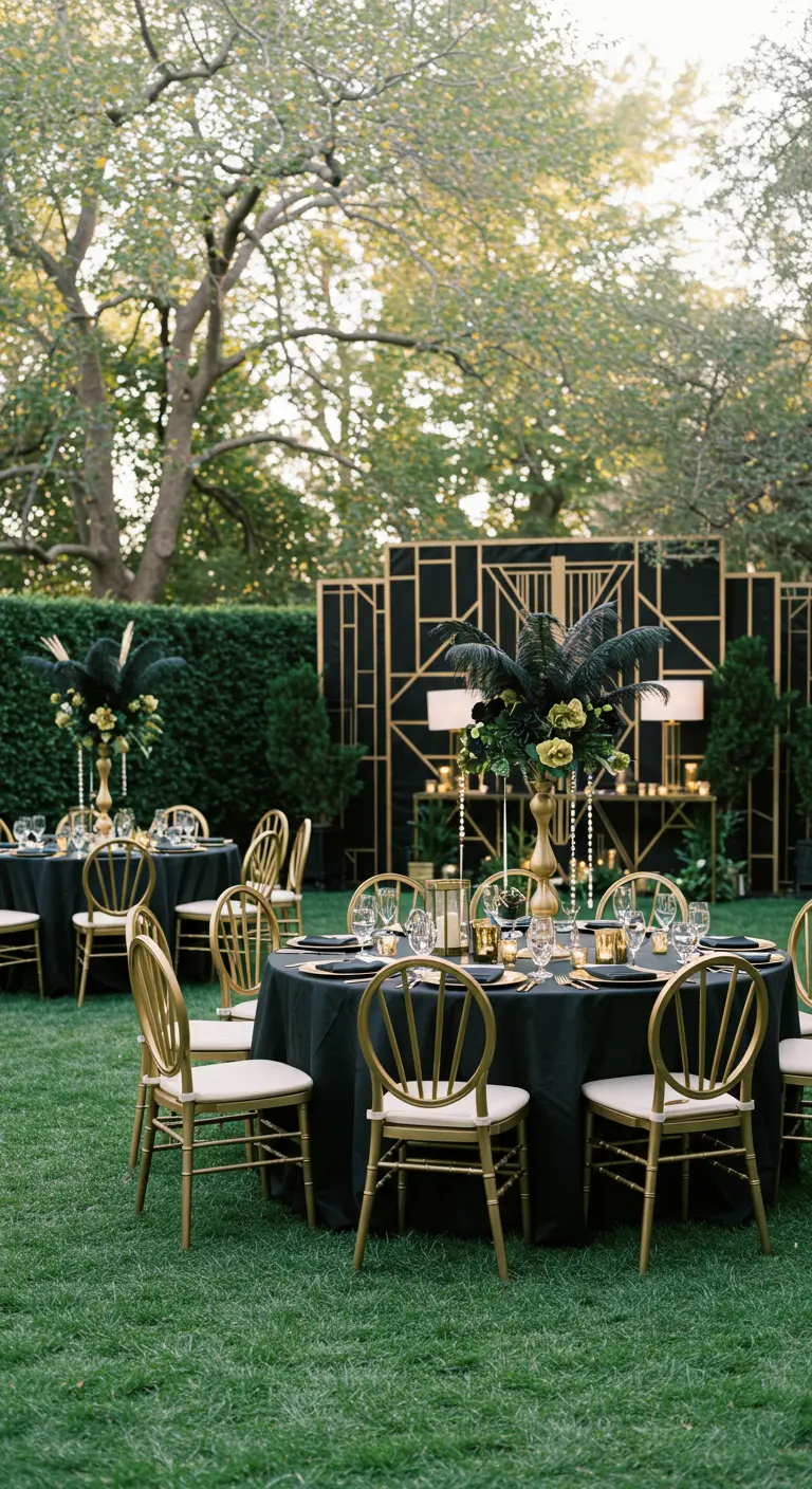 Art Deco bruiloftsthema met zwarte en gouden decoratie en grafische backdrop.