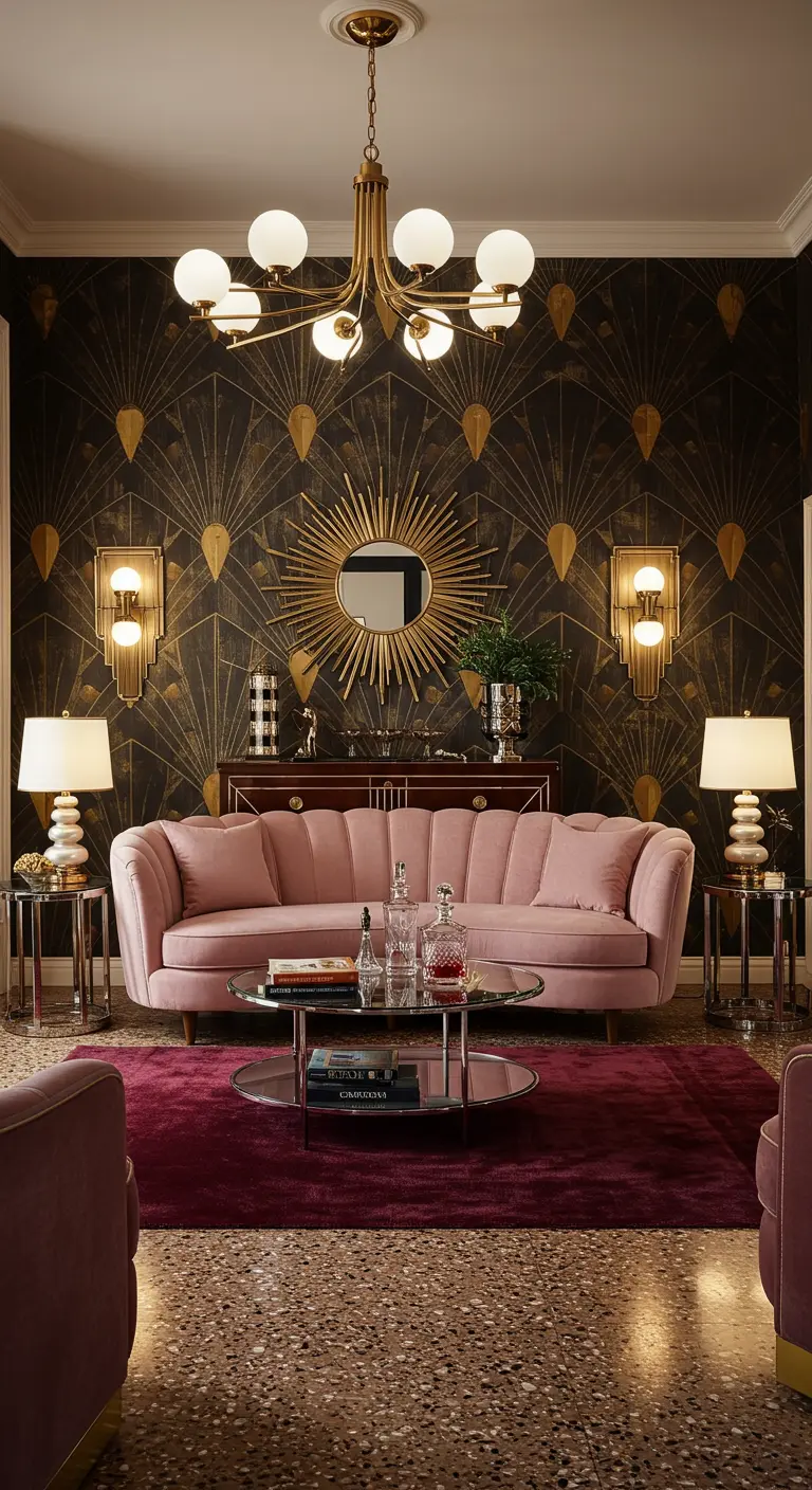 Art Deco woonkamer met roze fluwelen bank, goudkleurig behang en symmetrische opstelling.