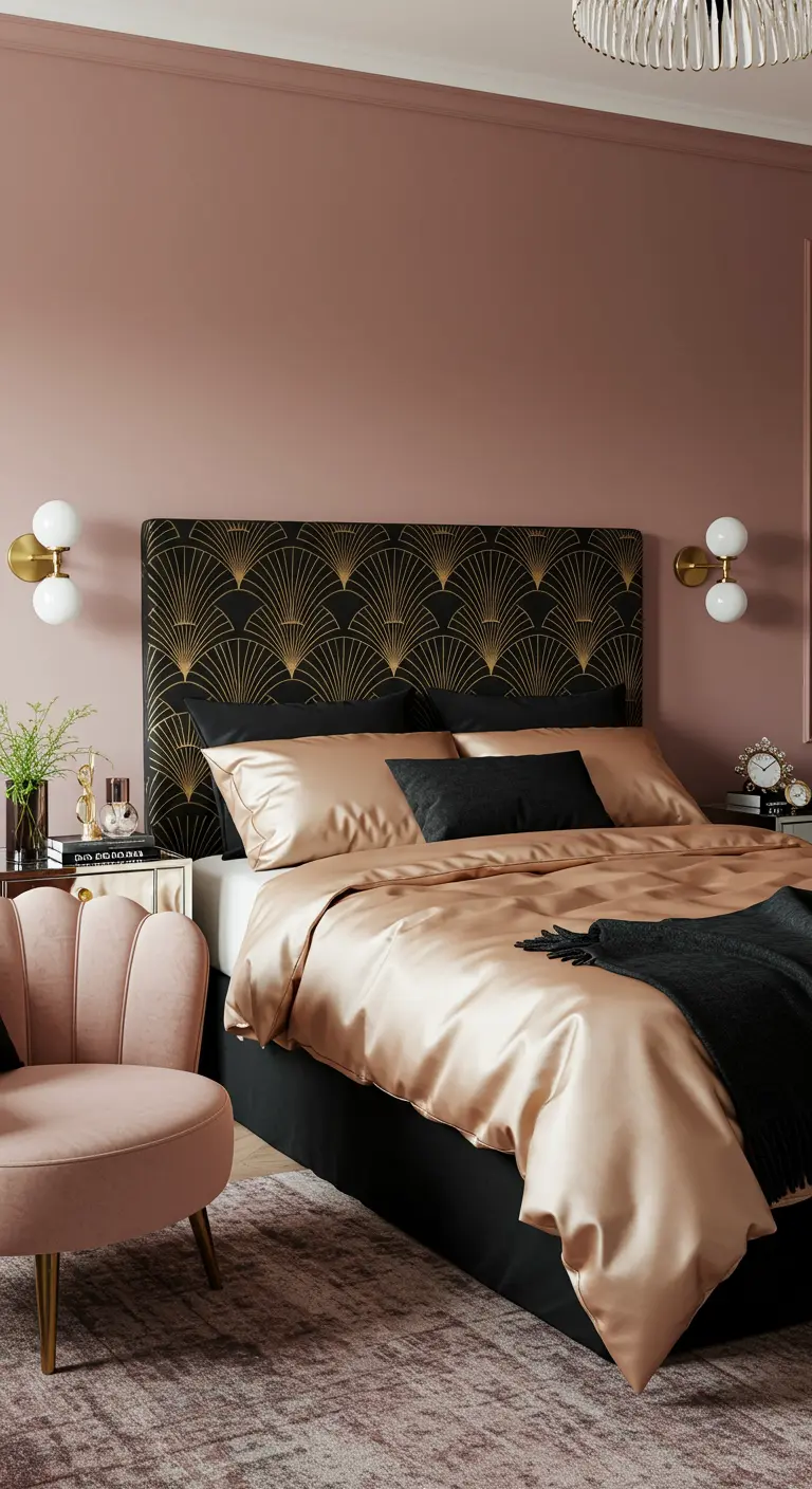 Zwart bed met een Art Deco hoofdbord met gouden waaierpatroon, roze muur en satijnen beddengoed.