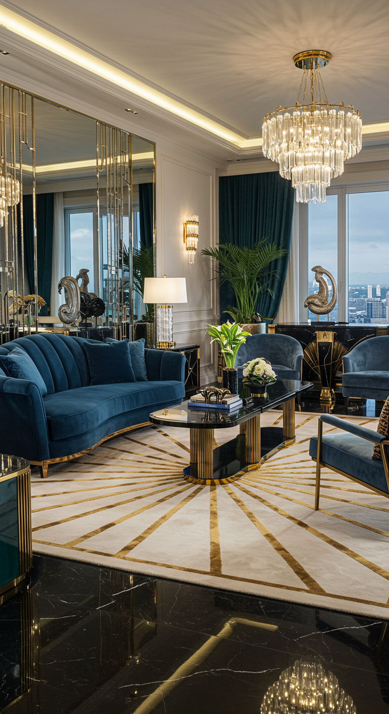 Luxe Art Deco woonkamer met een crèmekleurig vloerkleed met gouden geometrische lijnen.