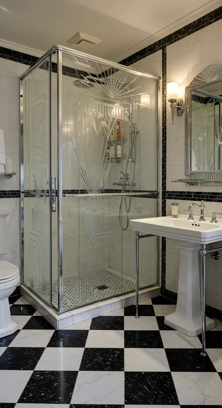 Art Deco badkamer met geëtst glas in douchecabine en zwart-wit tegelvloer.