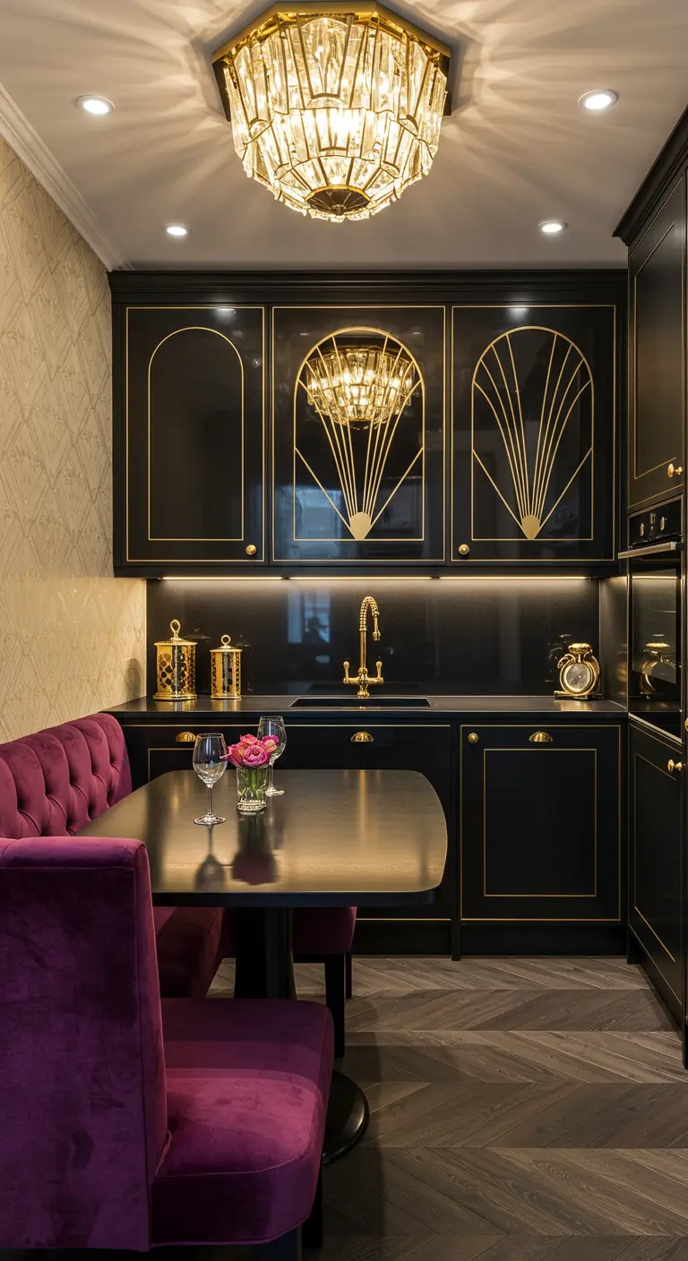 Zwarte keuken met gouden art deco details op kasten, gouden kraan en fluweelpaarse bank.