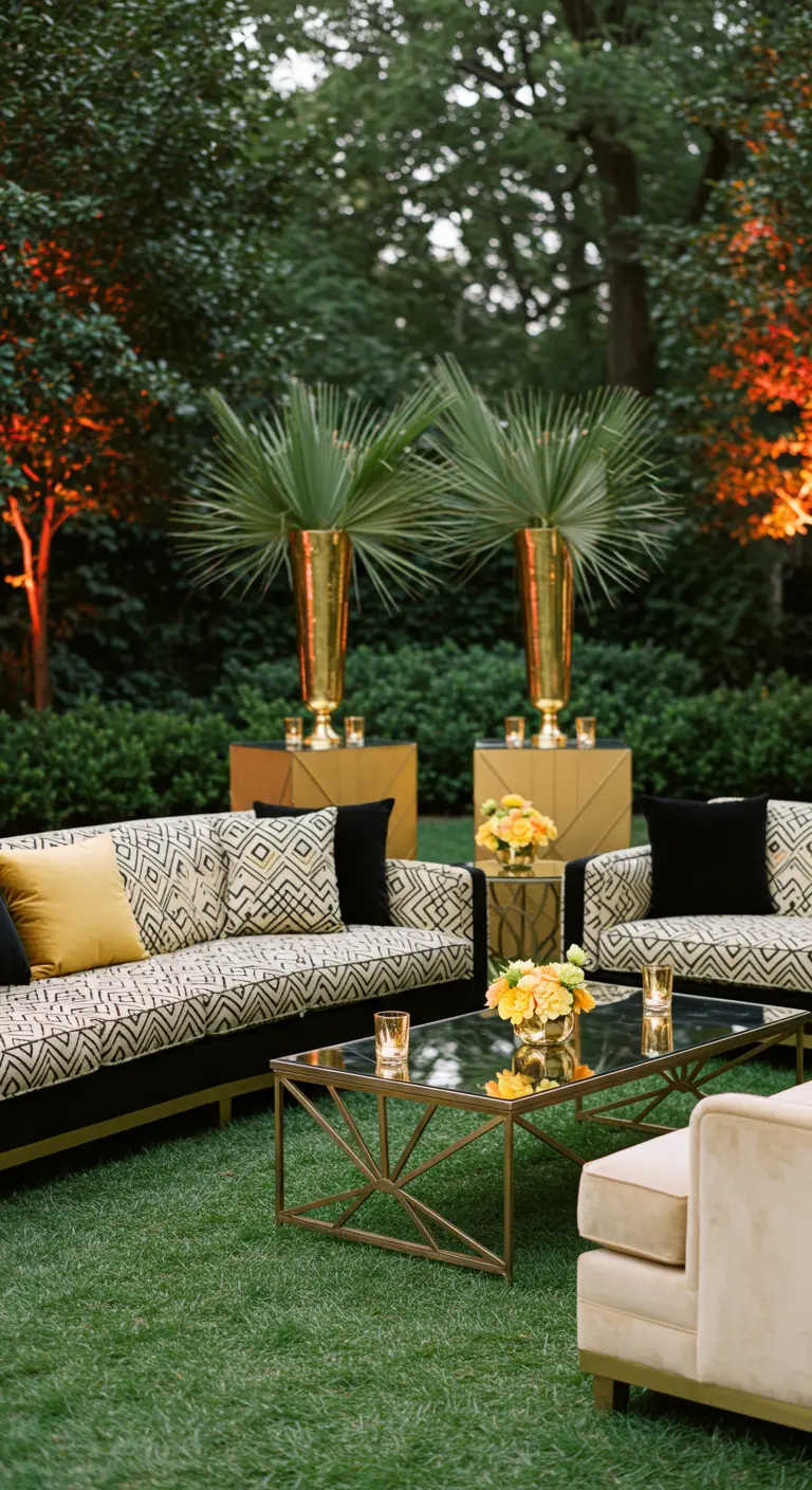 Art Deco lounge met geometrische patronen, gouden accenten en grote palmplanten.