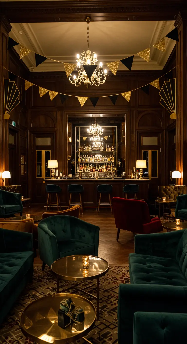 Opulente barruimte met zwarte en gouden geometrische vlaggetjes en fluwelen meubels.