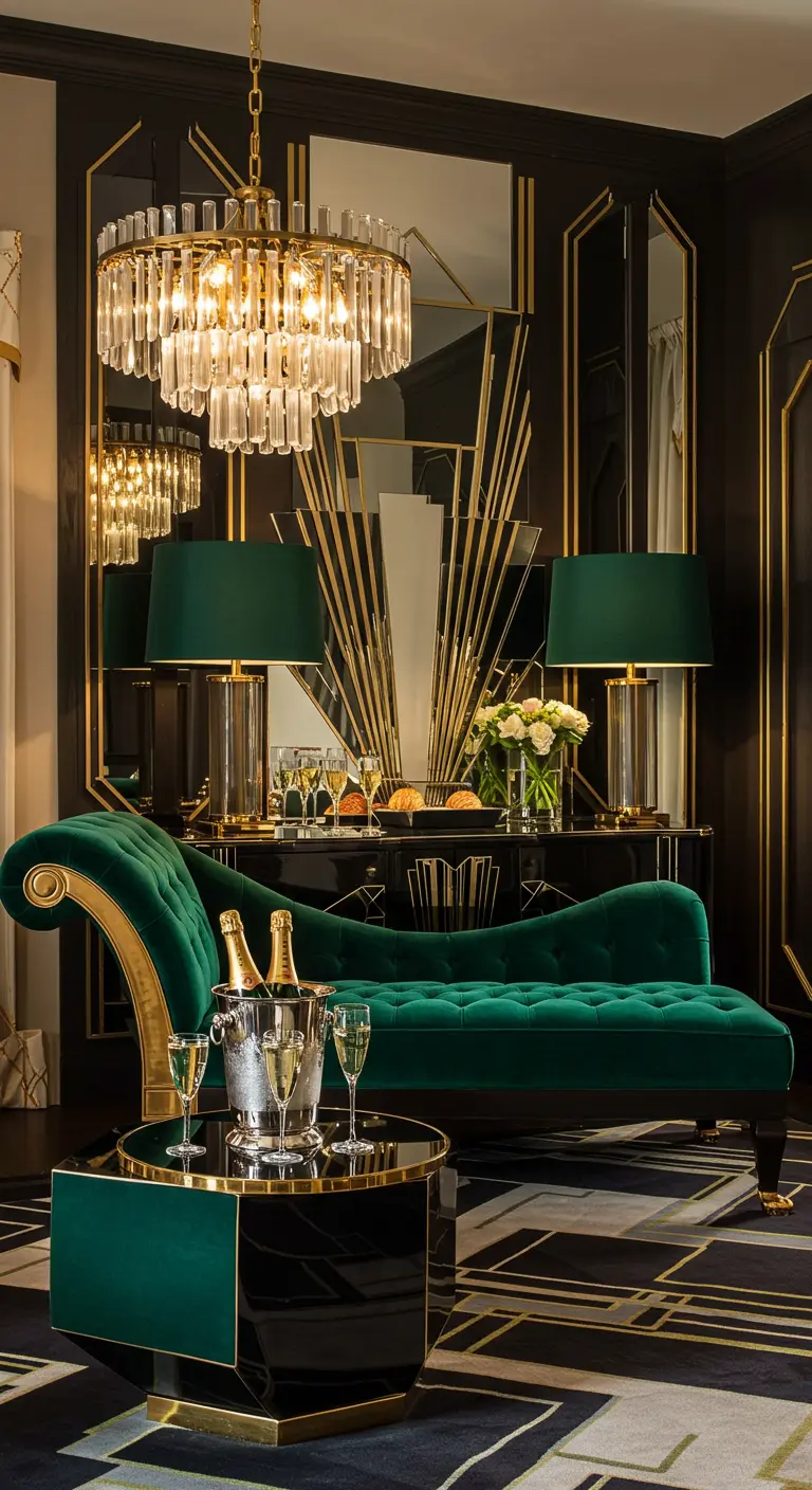 Art Deco interieur met smaragdgroene bank, gouden accenten en kroonluchter.