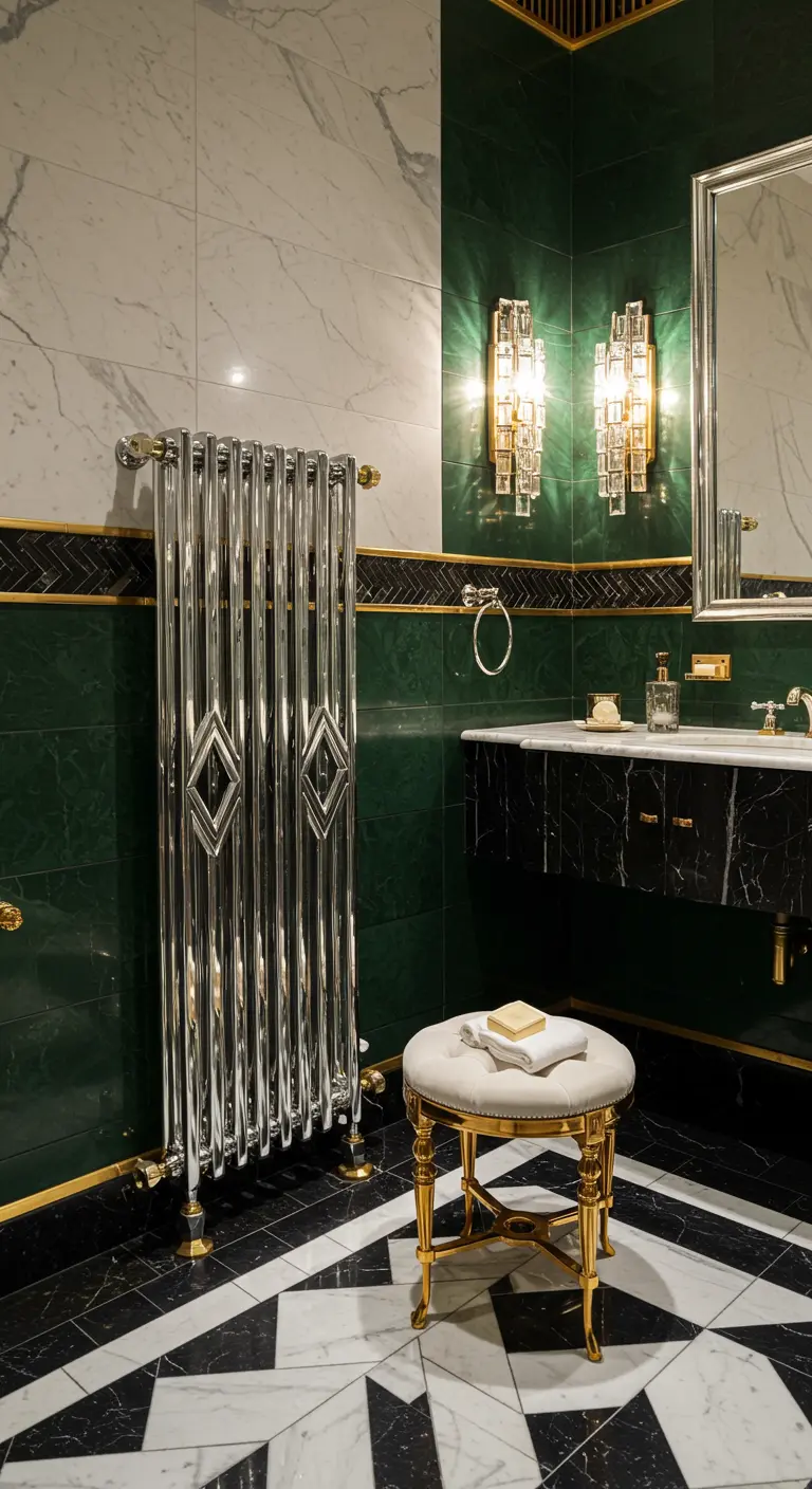 Glanzende chromen designradiator in luxe badkamer met groene tegels en gouden accenten.