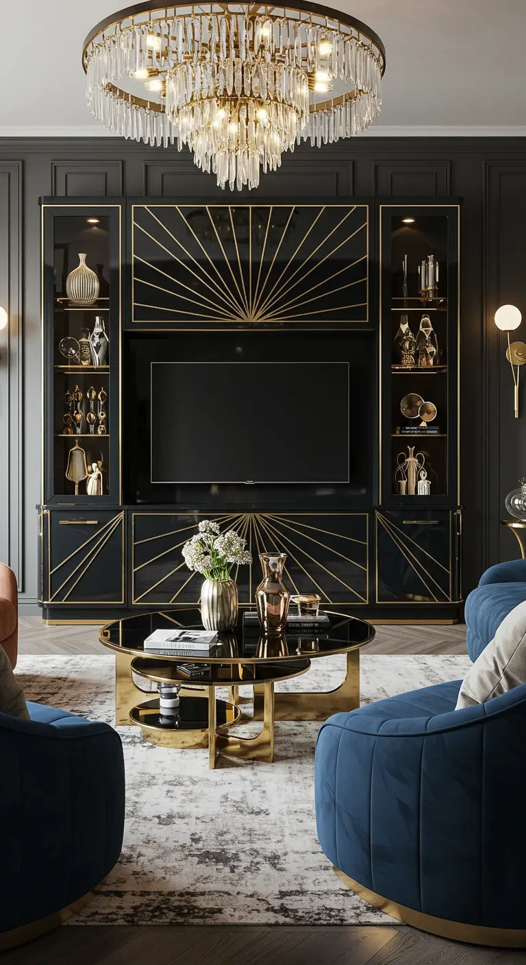 Luxe TV-hoek in Art Deco stijl met zwart-gouden kastenwand.